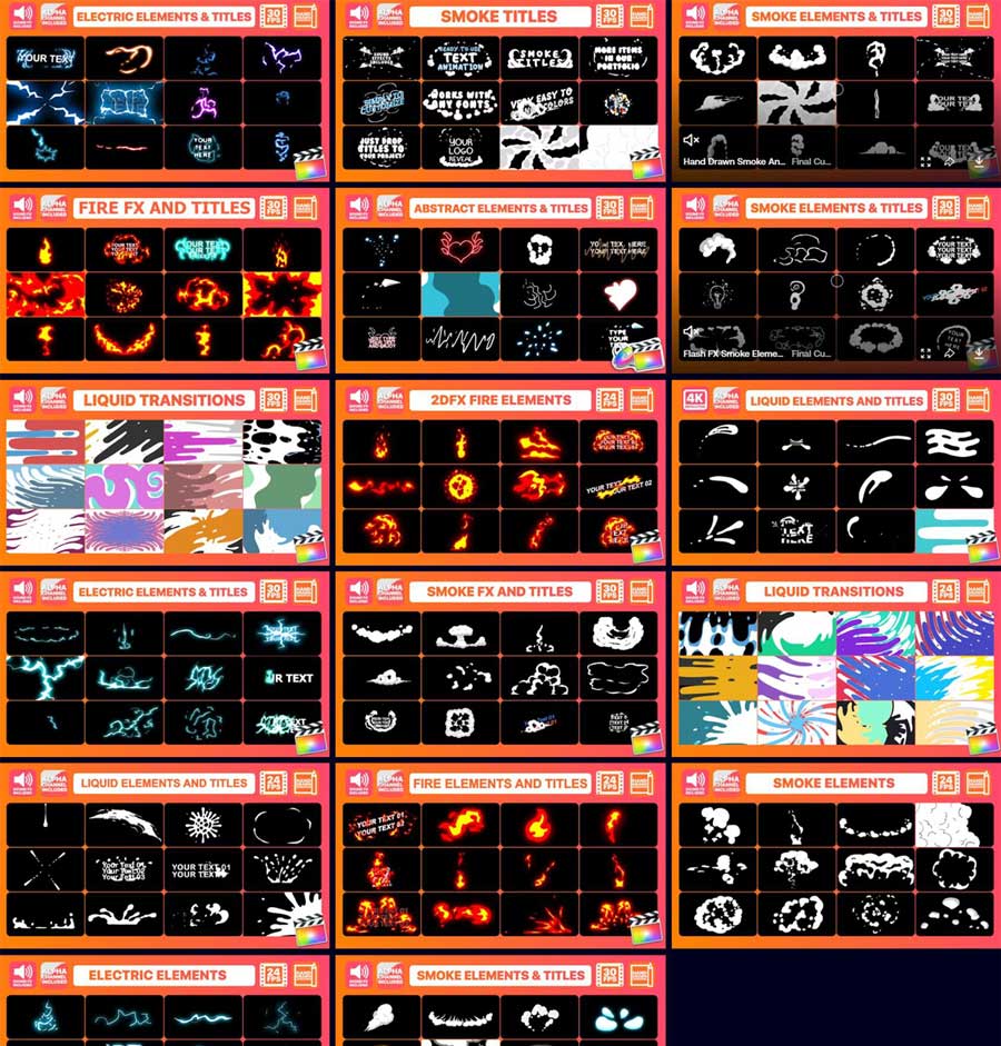 FCPX插件：200多个抽象趣味2D手绘烟雾、闪电、火焰、液体、卡通涂鸦元素背景转场（11511）