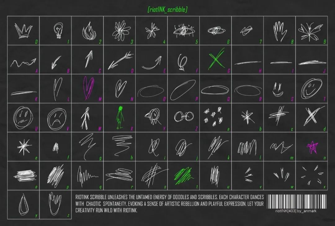 英文字体：复古邋遢涂鸦手绘风格炫酷潦草摇滚线条变体杂志封面字体包 RiotINK. Handwritten Scribble Font（11612）图层云
