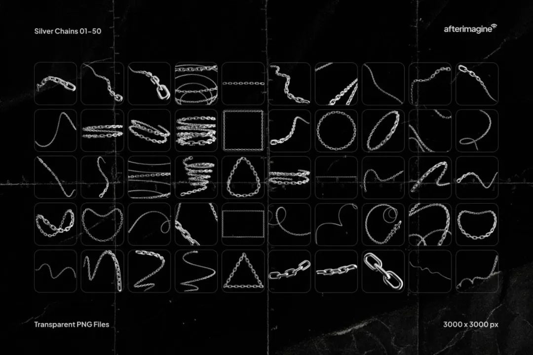 174款复古Y2K酸性镀铬银色金属多样化锁链链条铁链几何抽象PNG免扣元素设计套装 Studio 2AM – Chains（11679）图层云