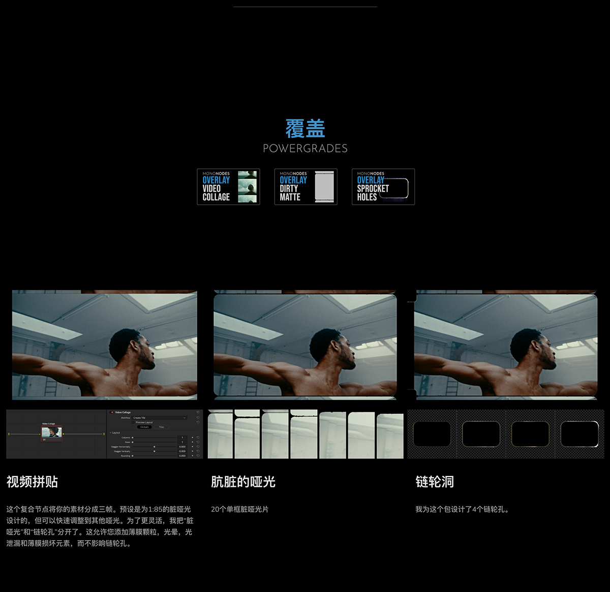 MonoNodes – FILM EMULATION 复古电影美学胶片模拟光晕闪烁颗粒LUTS、PowerGrades、镜头、遮罩、叠加、纹理达芬奇调色素材包（11814）图层云