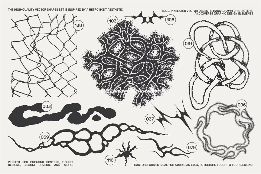 144个复古Y2K像素美学艺术实验性未来抽象几何AI矢量海报专辑封面服饰设计素材 FractureForm Graphic Pack by Vanzyst（11865）图层云