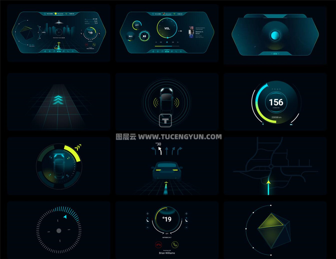 AE/PR模板：73个赛博朋克HUD科技感汽车仪表盘显示屏UI元素动画模板 Pixflow – Car Cluster HUD UI Templates（11915）图层云