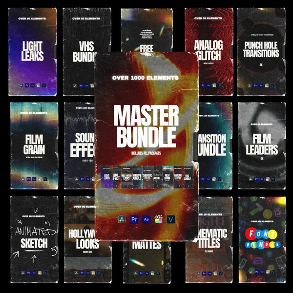 Flimmaker – MASTER BUNDLE 创意胶片、棱镜、碎玻璃、撕纸、像素、漏光、宝丽来、CRT叠加转场+LUT+字体+音效捆绑包（12036）