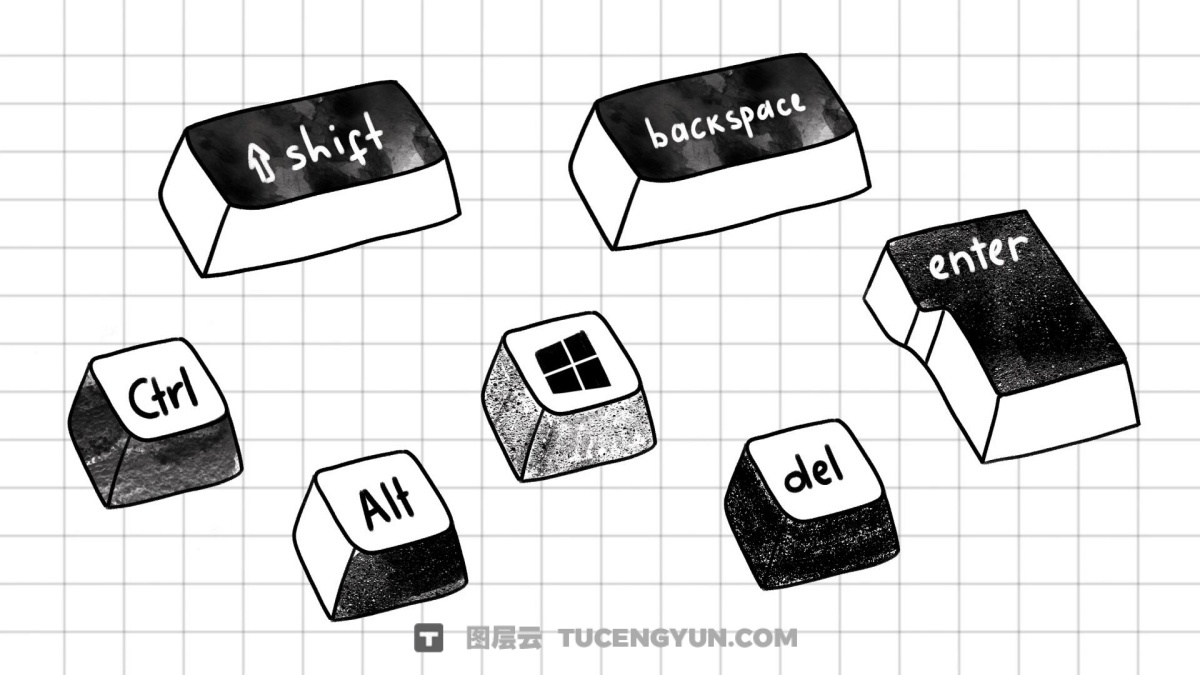 视频素材：33个手绘键盘文字字幕按键动画Alpha透明通道剪辑叠加视频素材（12276）图层云