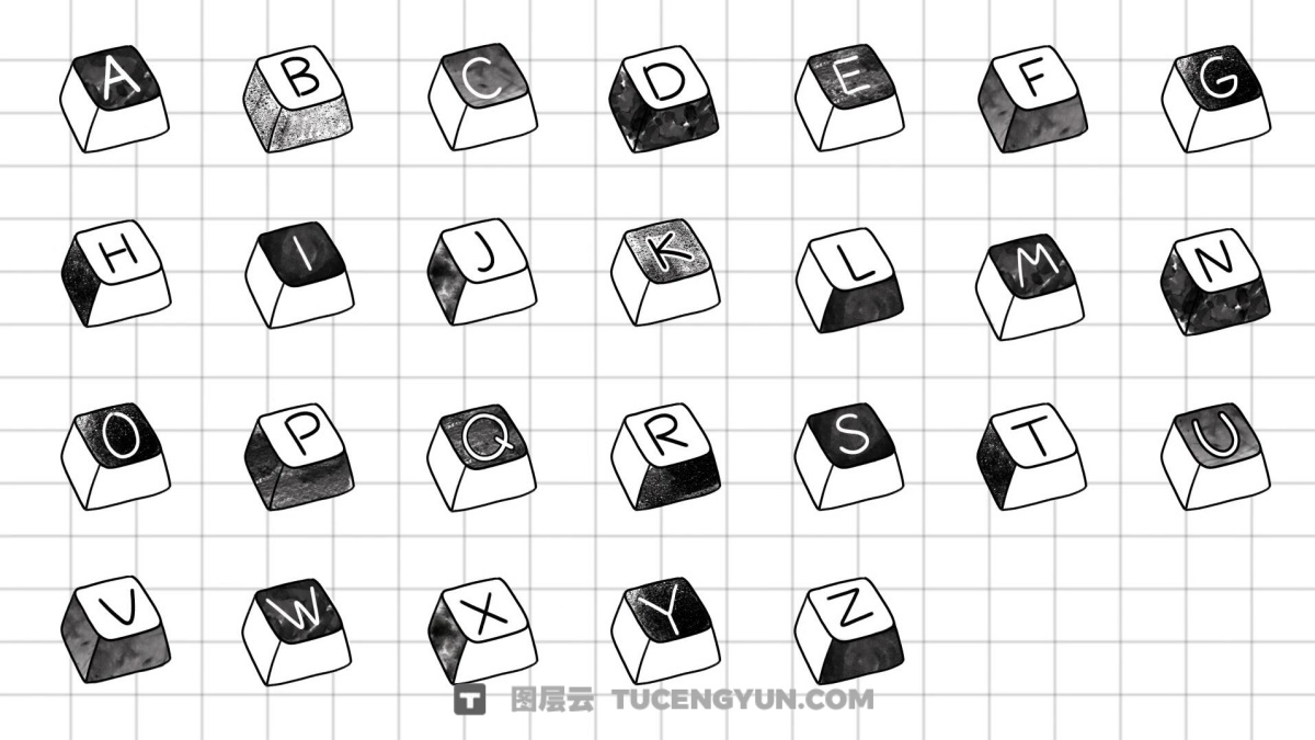 视频素材：33个手绘键盘文字字幕按键动画Alpha透明通道剪辑叠加视频素材（12276）图层云
