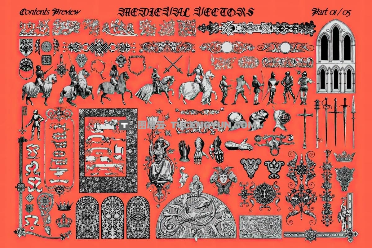 432个欧洲中世纪暗黑骑士版画泥金手稿建筑边框纹章草图海报封面服装配饰设计AI、SVG、PSD、PNG素材包（12286）图层云
