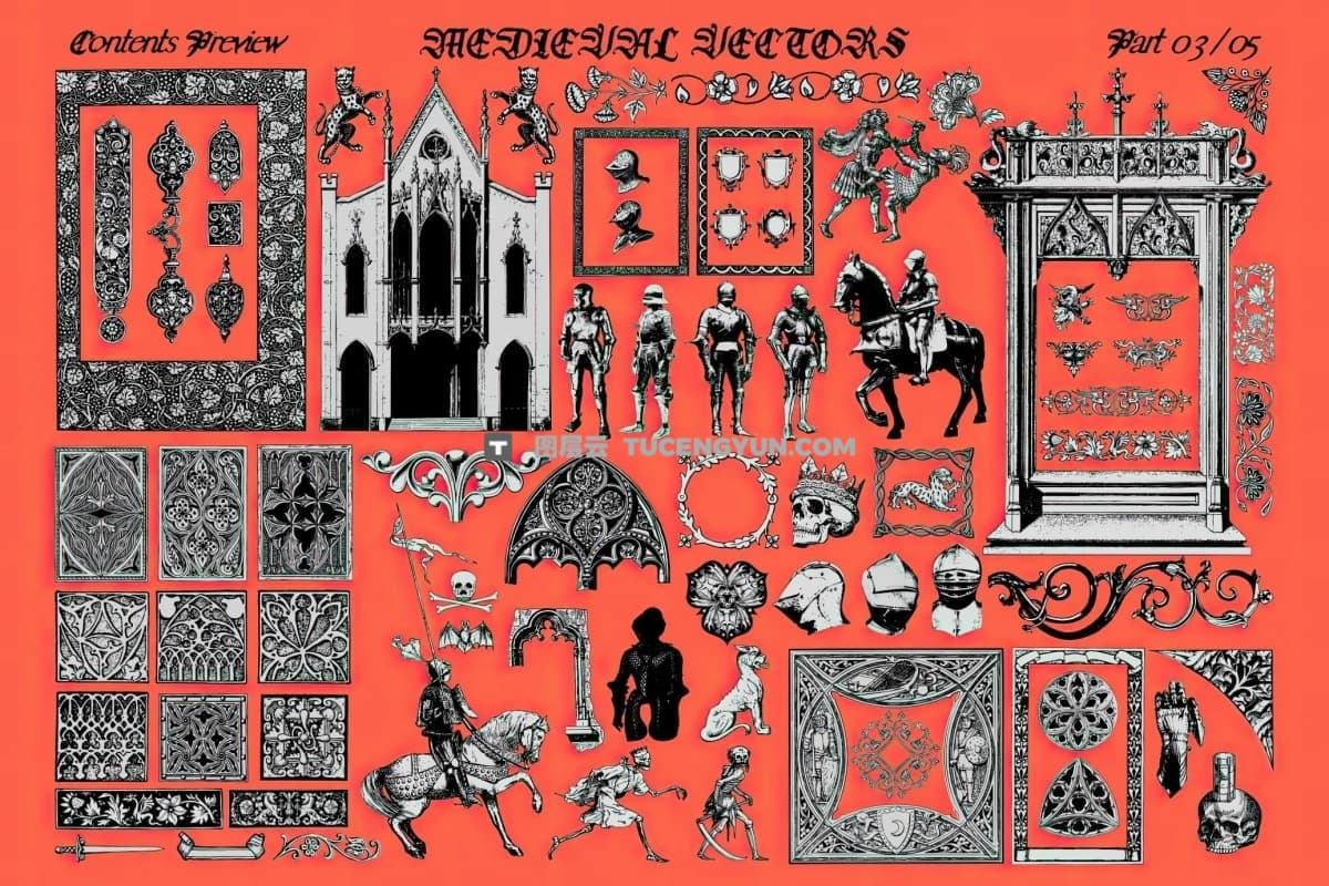 400个复古像素艺术中世纪暗黑神秘神话骑士低保真手稿版画AI、SVG、PSD插画设计套装 400+ Medieval Vectors（12341）图层云