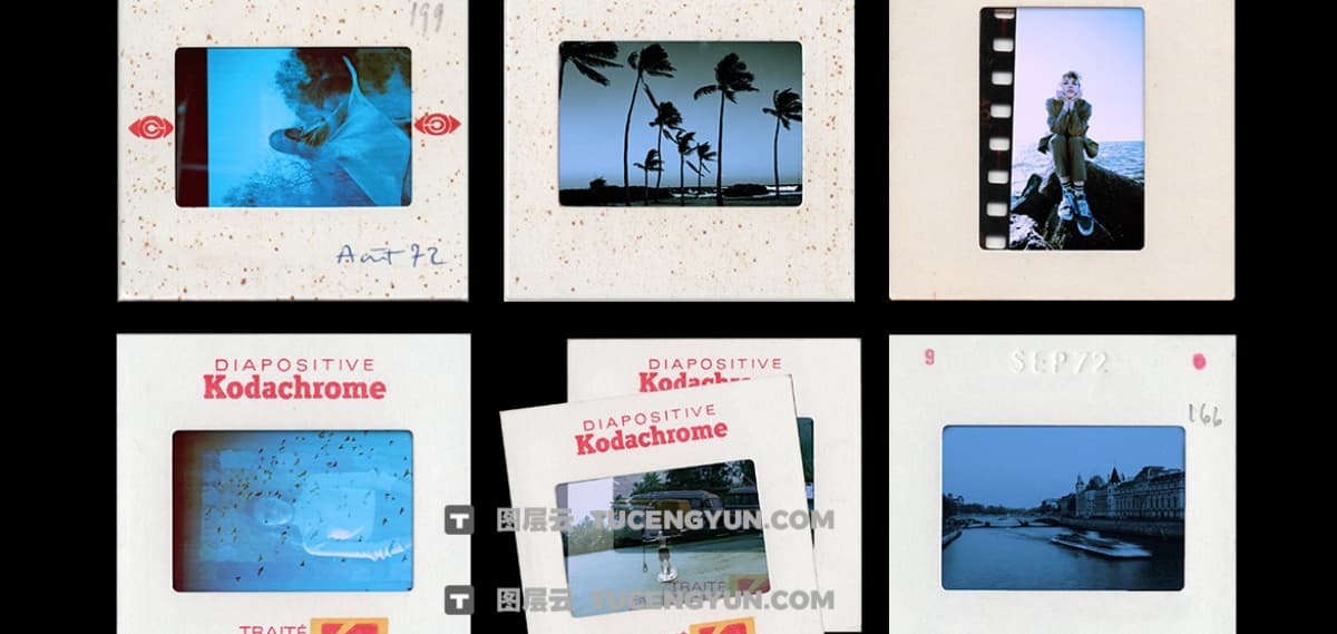 80年代复古美学柯达克罗姆胶片褪色过曝叠加边框PSD+PNG素材 Pixflow – Kodachrome Projection Film Slides（12344）图层云