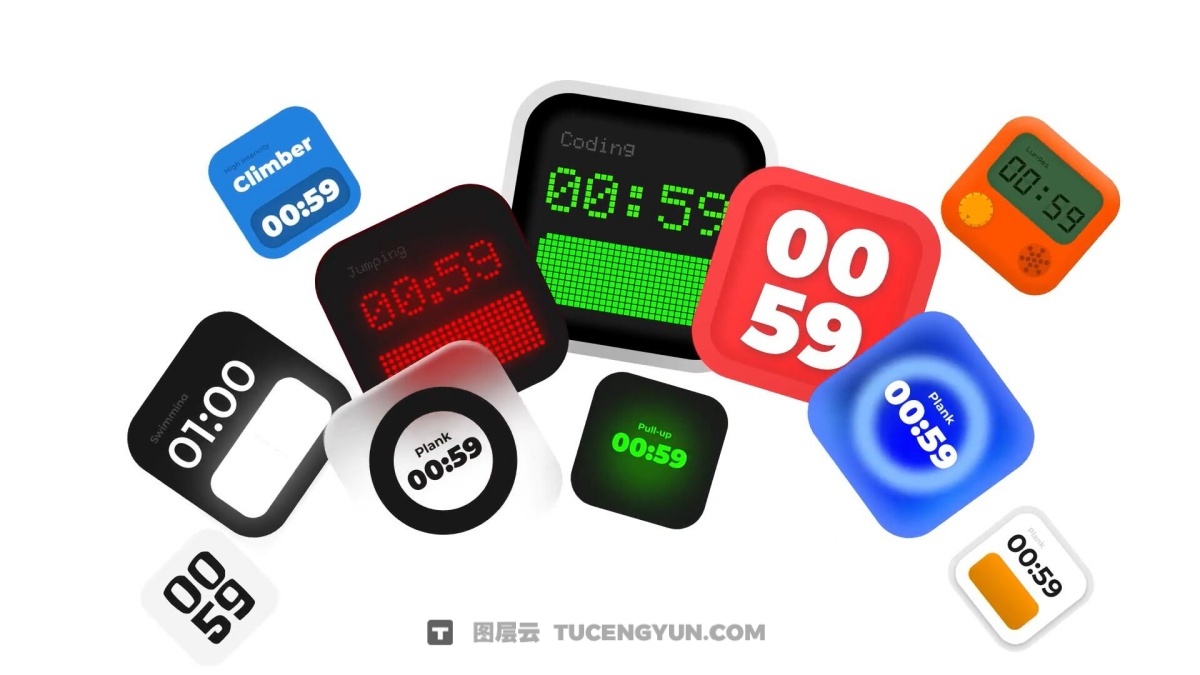 终极复古数字、LED、复古、现代简约、毛玻璃风格计时器UI动画AE/PR模板（12348）图层云