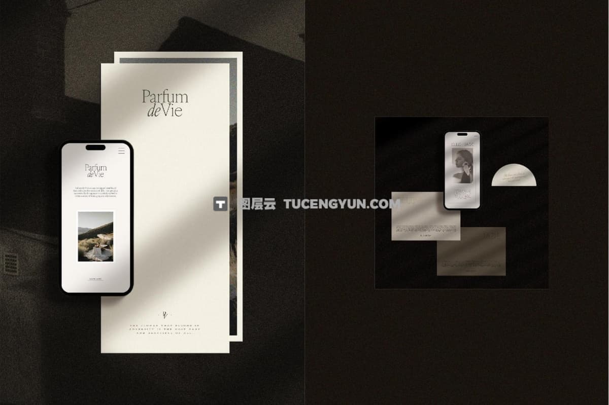 高级精致美学质感文创邀请函贺卡信封海报手机平板情绪板拼贴VI品牌设计展示PSD样机套装 Sézanne — Mockup Scene Creator（12367）图层云