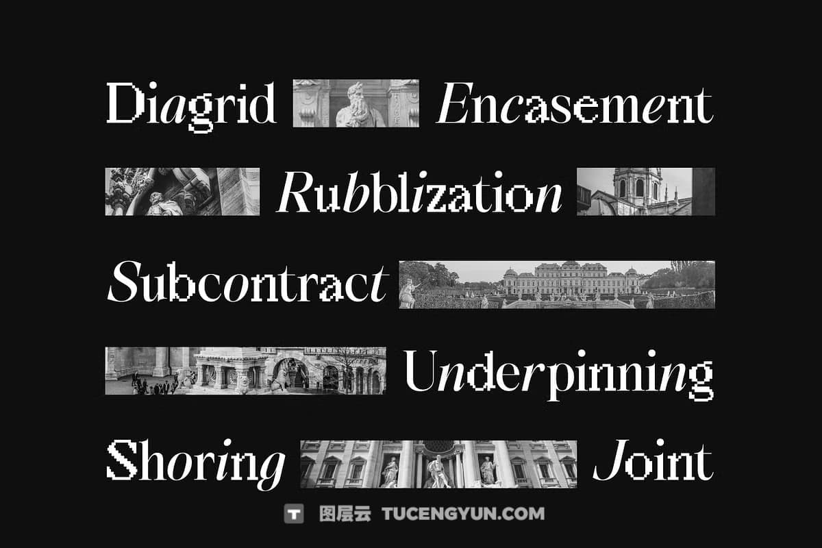 英文字体：豪华现代品牌优雅衬线像素混排logo标题排版封面海报广告设计字体 SS Default Lingo – Display Mix Font（12376）图层云