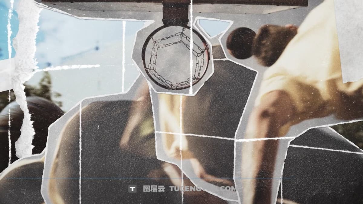 AE模板：复古创意撕纸拼贴画艺术风格人物动作渐进定格冻结帧转场过渡模板+音效（12387）图层云
