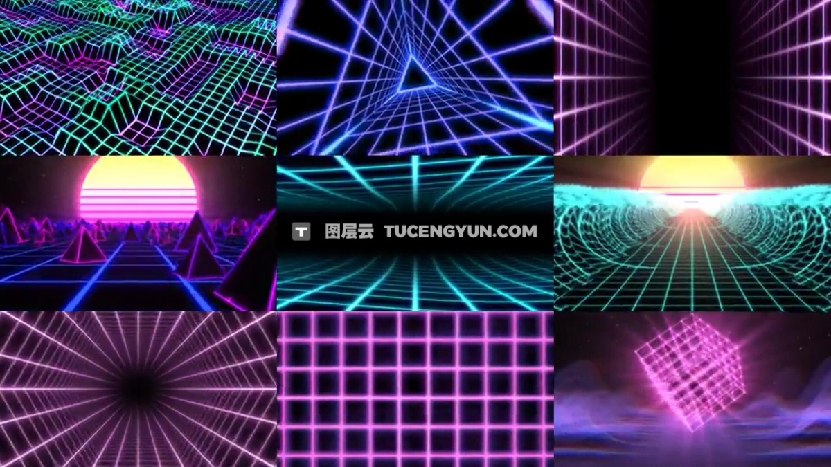 20个复古Y2K风格霓虹灯网格激光舞台VJ背景4K视频素材（12430）图层云