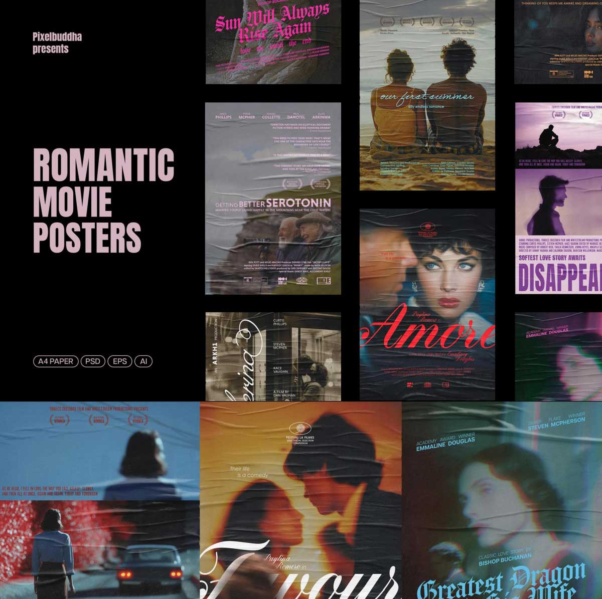 浪漫主义柔和电影视觉宣传主题海报纹理框架设计PSD模板素材 Romantic Movie Posters Collection（12444）