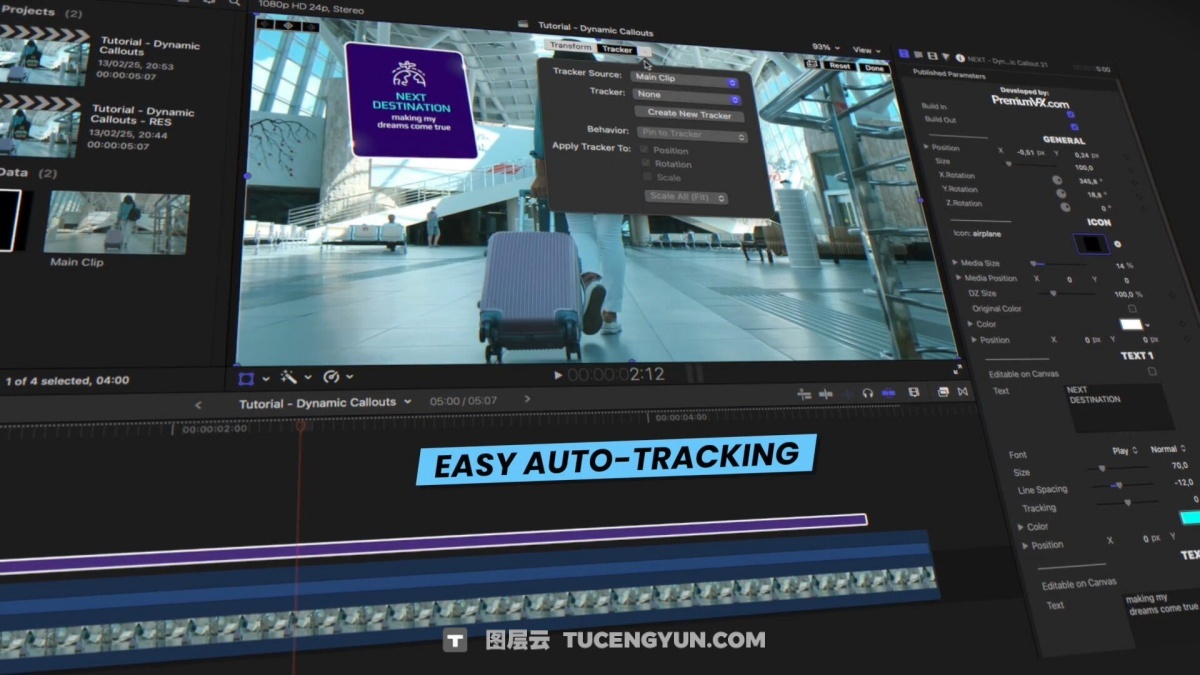 FCPX插件：一键式字幕自动跟踪线条呼出式文字标题图表介绍动画效果插件 Dynamic Callouts（12499）图层云