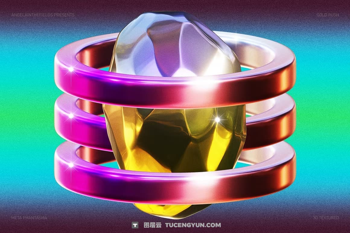 100个复古迷幻视觉弥散光颗粒渐变未来抽象几何金属3D立体免扣图形PNG素材 3D GOLD RUSH Objects（12524）图层云