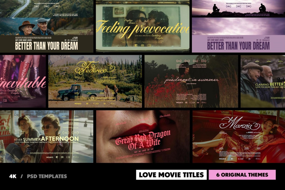 复古怀旧情怀爱情电影片头海报标题排版PSD分层模板套装 Love Movie Titles Collection（12547）