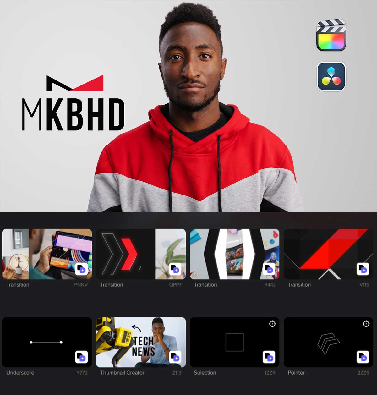 MotionVFX – mKBHD DVR 51个油管顶级科技博主MKBHD实用网络短视频包装文字标题字幕条视频聚焦遮幅转场达芬奇预设插件（12651）