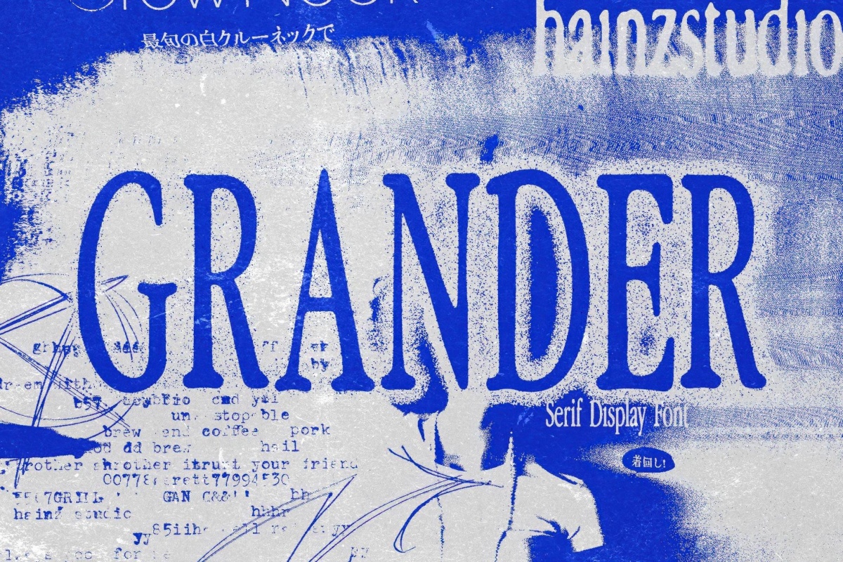 英文字体：复古磨损粗犷印刷打印出血logo徽标封面海报衬线字体 Grander – Display Serif Font（12738）图层云