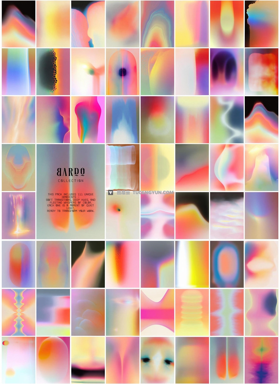 111个梦幻霓虹朦胧美学抽象半透明艺术渐变弥散光流体海报封面作品集JPG背景图片素材 BARDO: 111 gradients（12940）图层云