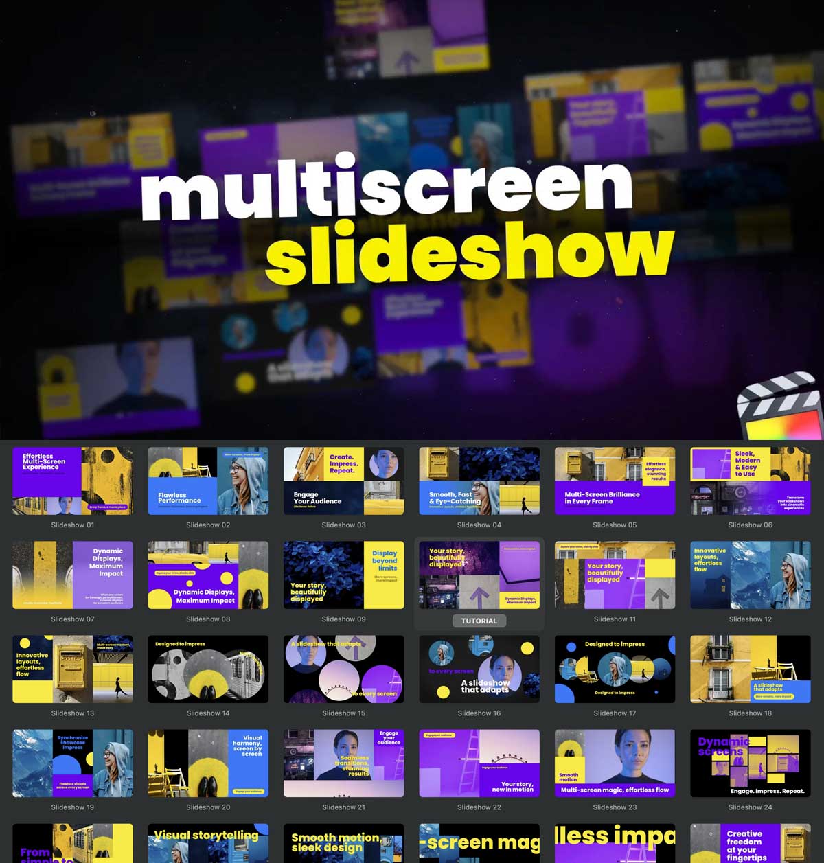 FCPX插件：创意多屏画面网格组合排列分屏包装展示动画效果插件 Multiscreen Slideshow（12979）