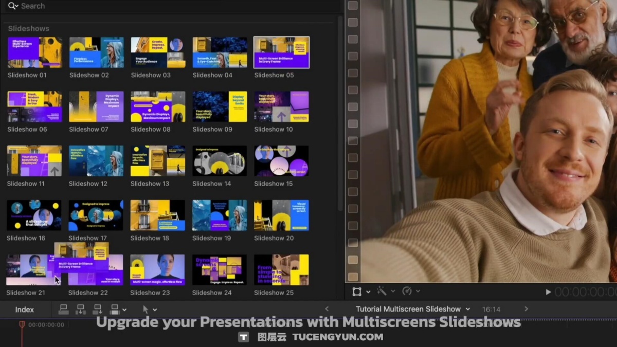 FCPX插件：创意多屏画面网格组合排列分屏包装展示动画效果插件 Multiscreen Slideshow（12979）图层云