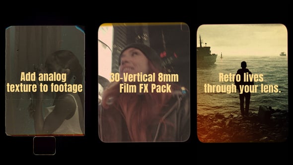 AE/PR/FCPX/达芬奇模板：复古美学Super 8mm胶片薄膜哑光颗粒灰尘划痕烧伤纹理竖屏叠加层模板（13002）
