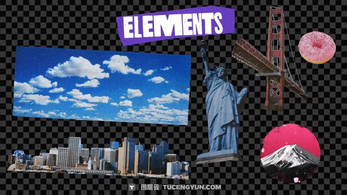 AE模板：复古超现实旅行拼贴剪纸做旧动画人物植物垂直竖屏动画介绍模板（13009）图层云
