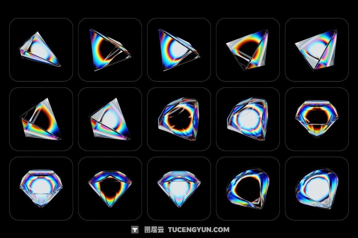 160个梦幻棱镜水晶切割玻璃亚克力折射渐变抽象3D几何PNG免扣图片设计元素包 3D Prism Glass Illustrations（13023）图层云