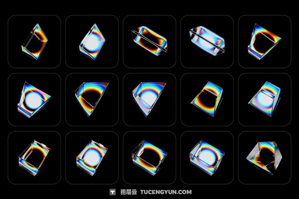160个梦幻棱镜水晶切割玻璃亚克力折射渐变抽象3D几何PNG免扣图片设计元素包 3D Prism Glass Illustrations（13023）图层云