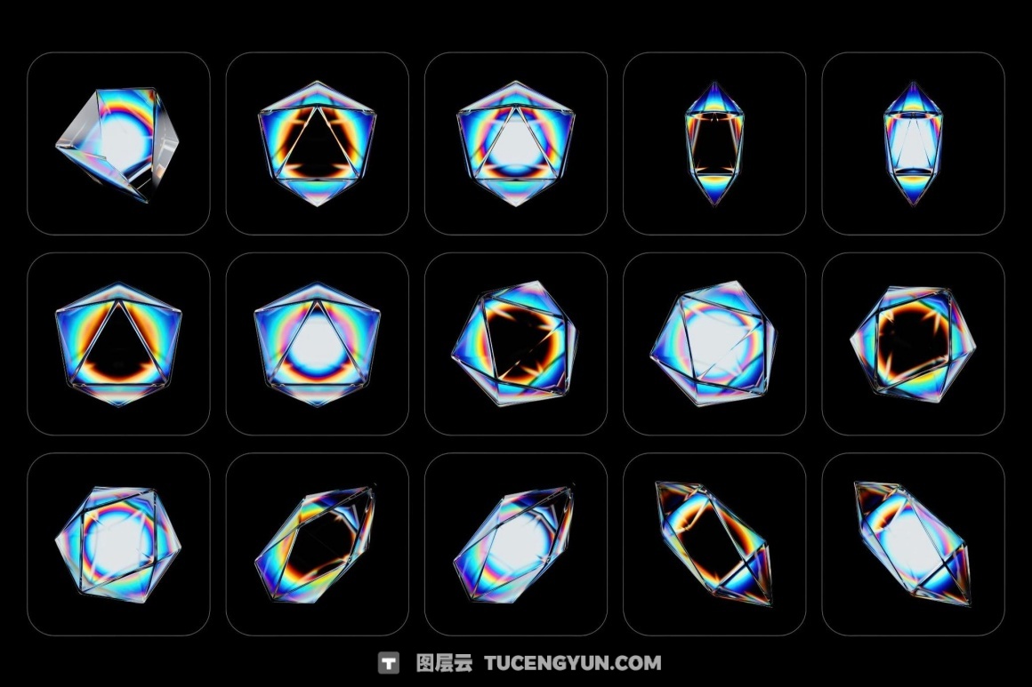 160个梦幻棱镜水晶切割玻璃亚克力折射渐变抽象3D几何PNG免扣图片设计元素包 3D Prism Glass Illustrations（13023）图层云