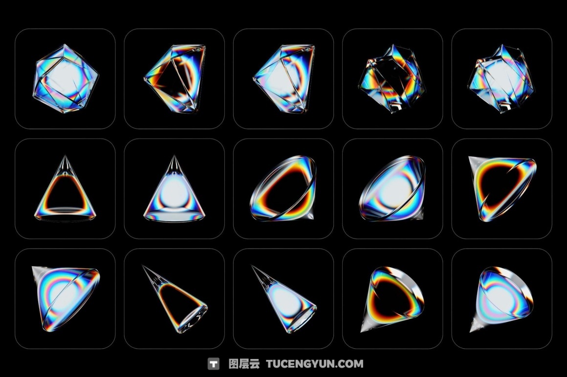 160个梦幻棱镜水晶切割玻璃亚克力折射渐变抽象3D几何PNG免扣图片设计元素包 3D Prism Glass Illustrations（13023）图层云