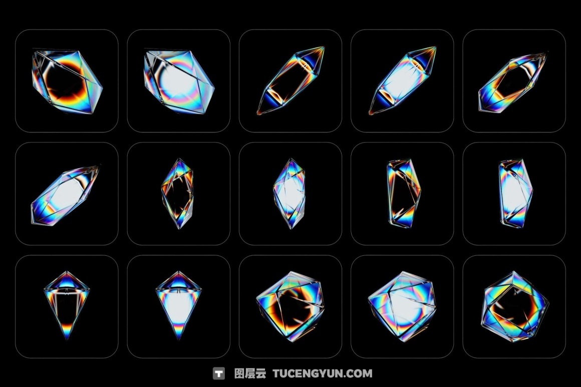 160个梦幻棱镜水晶切割玻璃亚克力折射渐变抽象3D几何PNG免扣图片设计元素包 3D Prism Glass Illustrations（13023）图层云
