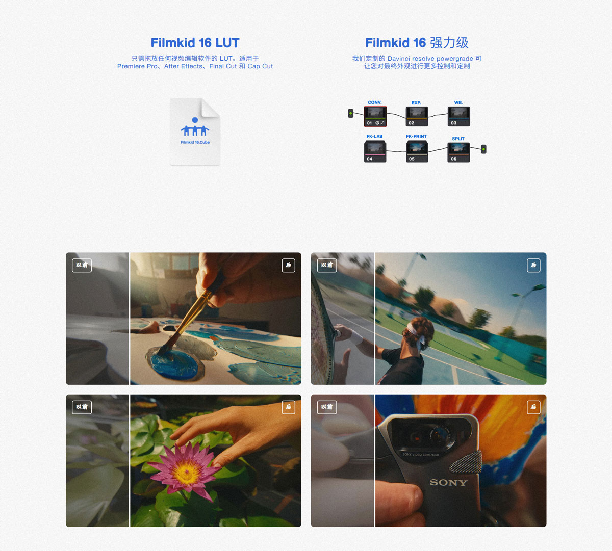 Filmkid 16 Powergrade & LUT 复古美学经典16mm胶片模拟电影感色彩分级达芬奇调色节点+LUT调色预设+练习素材+视频教程（13048）图层云