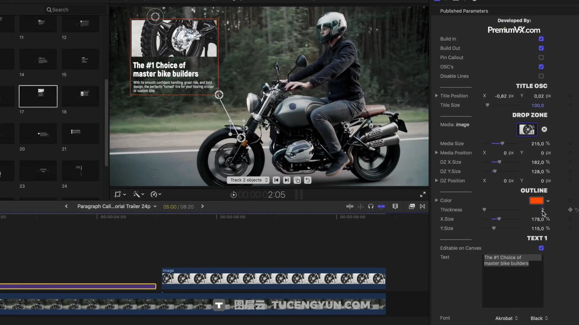 FCPX插件：30种一键式自动跟踪线条呼出式文字标题数据标注动画效果插件 Paragraph Callouts（13137）图层云