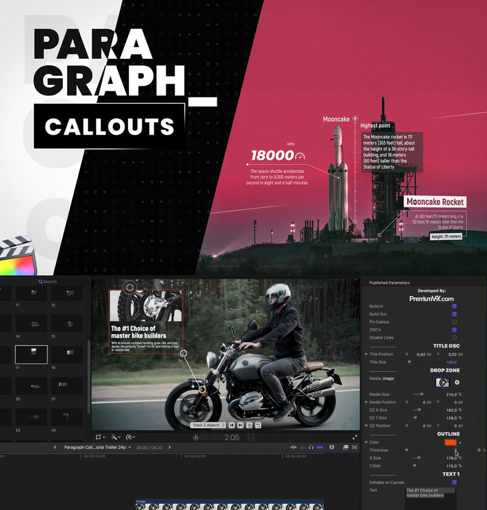 FCPX插件：30种一键式自动跟踪线条呼出式文字标题数据标注动画效果插件 Paragraph Callouts（13137）
