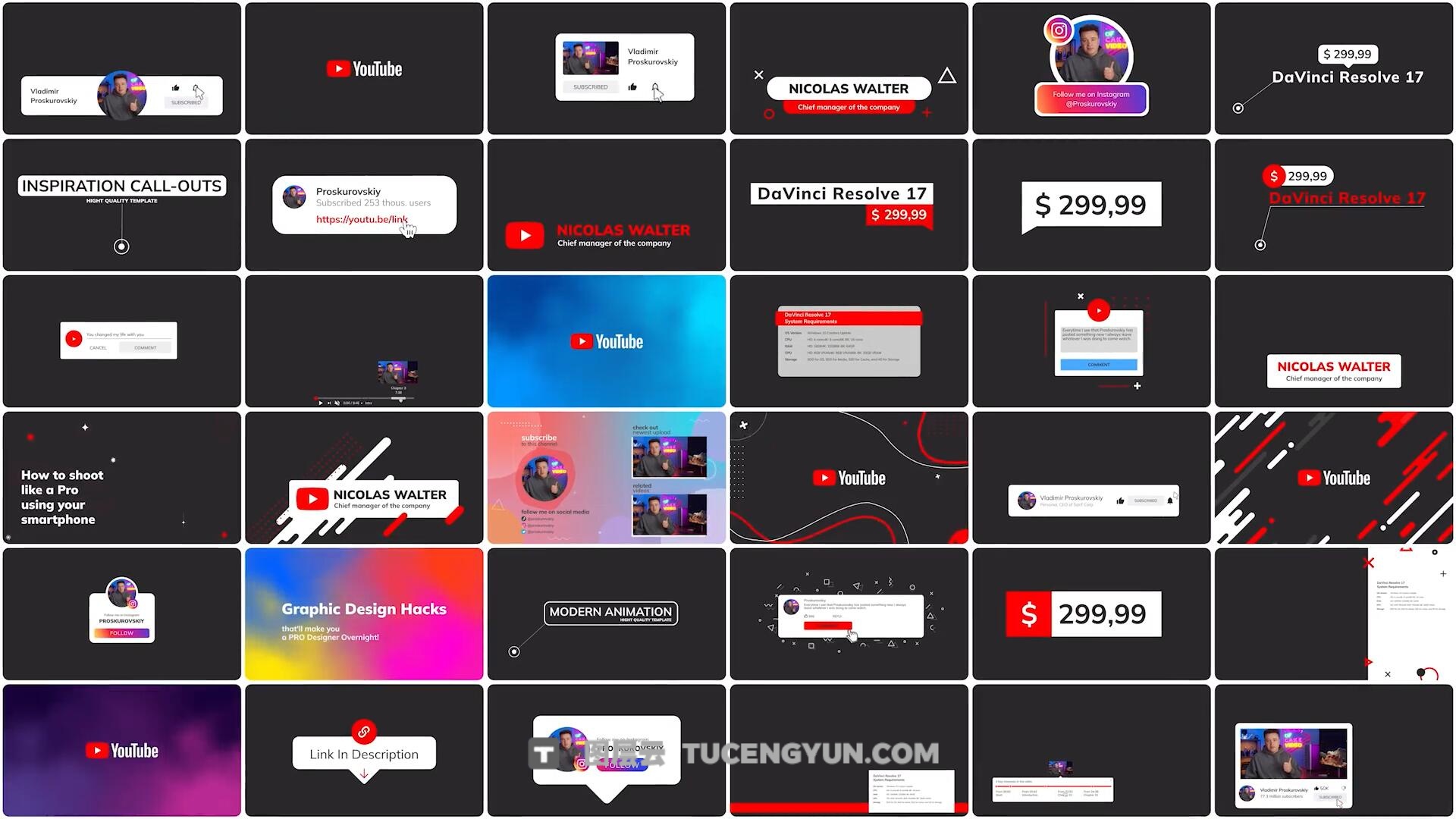 达芬奇预设：323个创意级YouTube自媒体频道图形字幕标题转场动画栏目包装（13144）图层云
