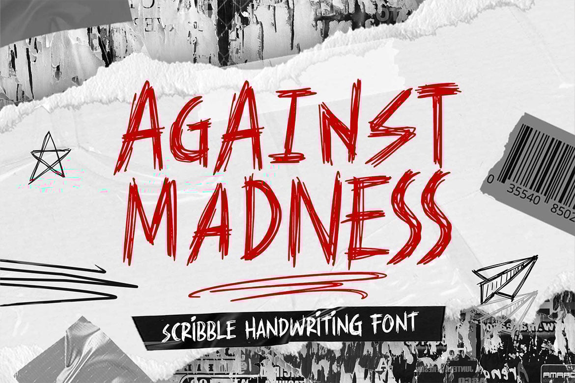 复古邋遢涂鸦手绘风格炫酷潦草摇滚线条变体杂志封面字体 Against Madness – Scribble font（13202）图层云