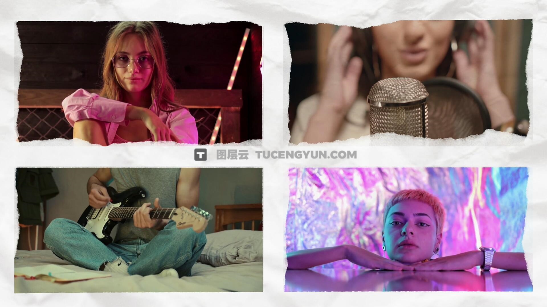 PR模板：创意纸质风格多画面网格分屏动态组合照片视频展示效果（13216）图层云