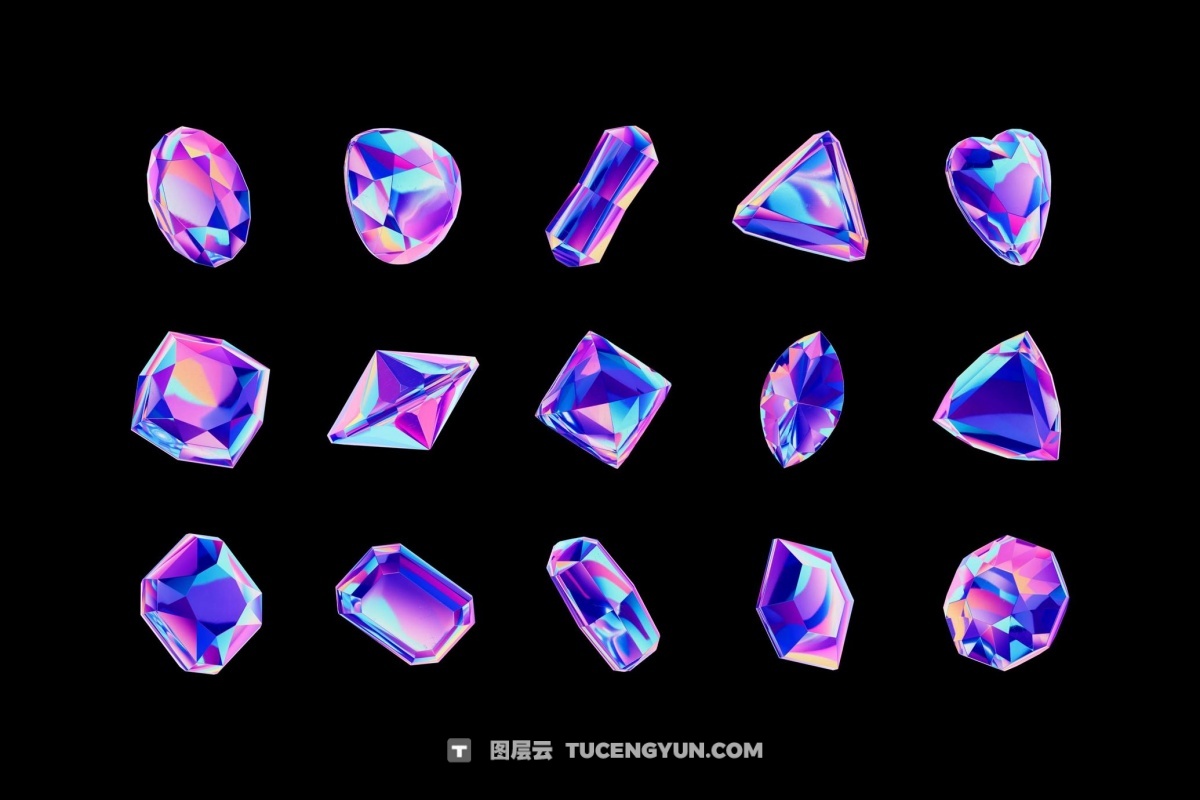 30款3D全息镀铬宝石水晶PNG免扣插画图片设计元素 Crystals Collection – 3D Objects Set（13231）图层云