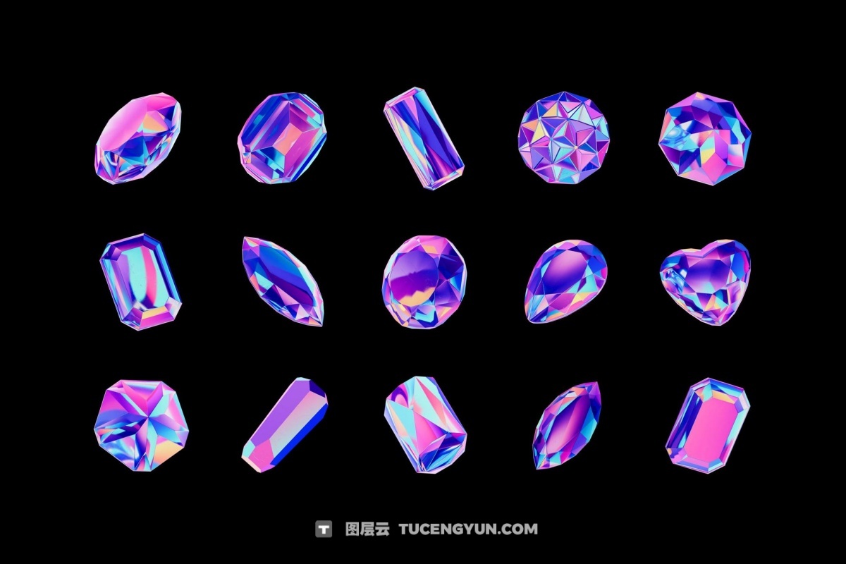 30款3D全息镀铬宝石水晶PNG免扣插画图片设计元素 Crystals Collection – 3D Objects Set（13231）图层云
