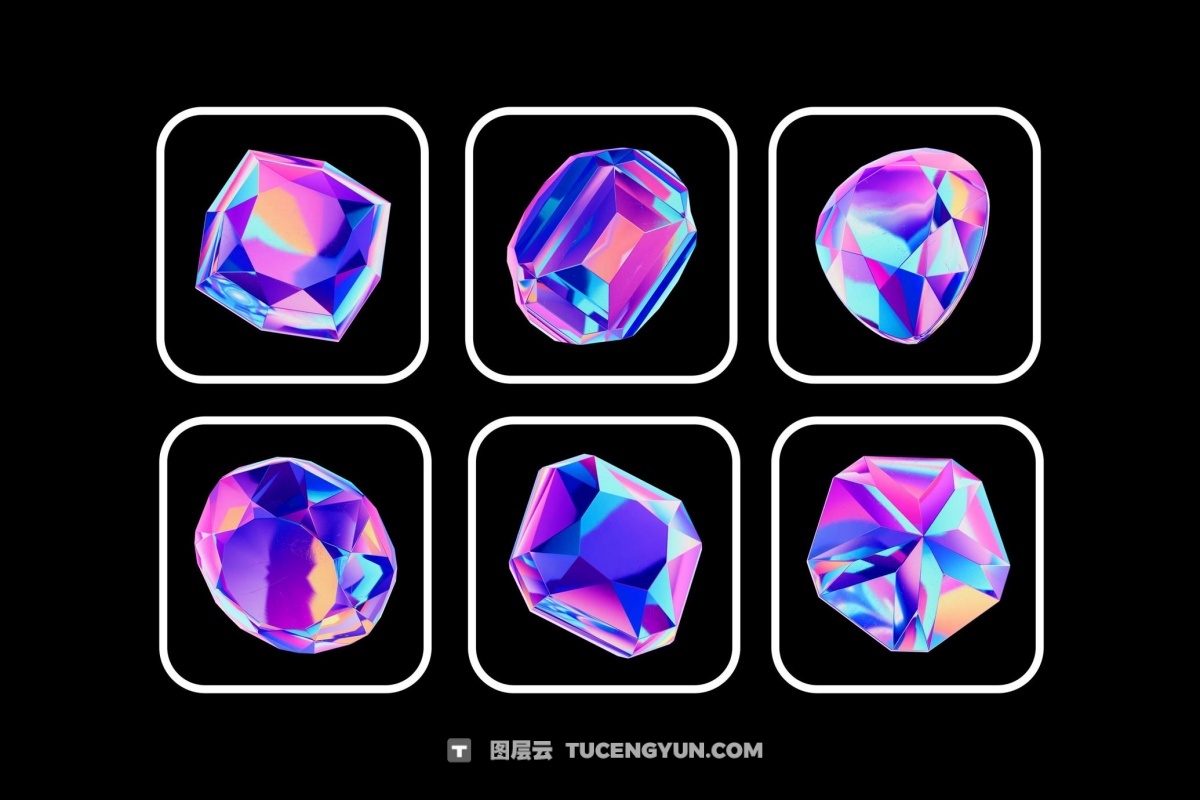 30款3D全息镀铬宝石水晶PNG免扣插画图片设计元素 Crystals Collection – 3D Objects Set（13231）图层云