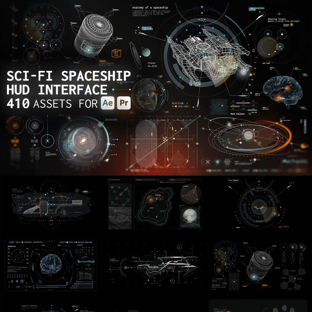 820款全息未来科幻美学沉浸式宇宙飞船HUD界面元素科技视频叠加4K背景动画AE/PR模板 Pixflow – Sci-fi Spaceship HUD Interface（13310）图层云