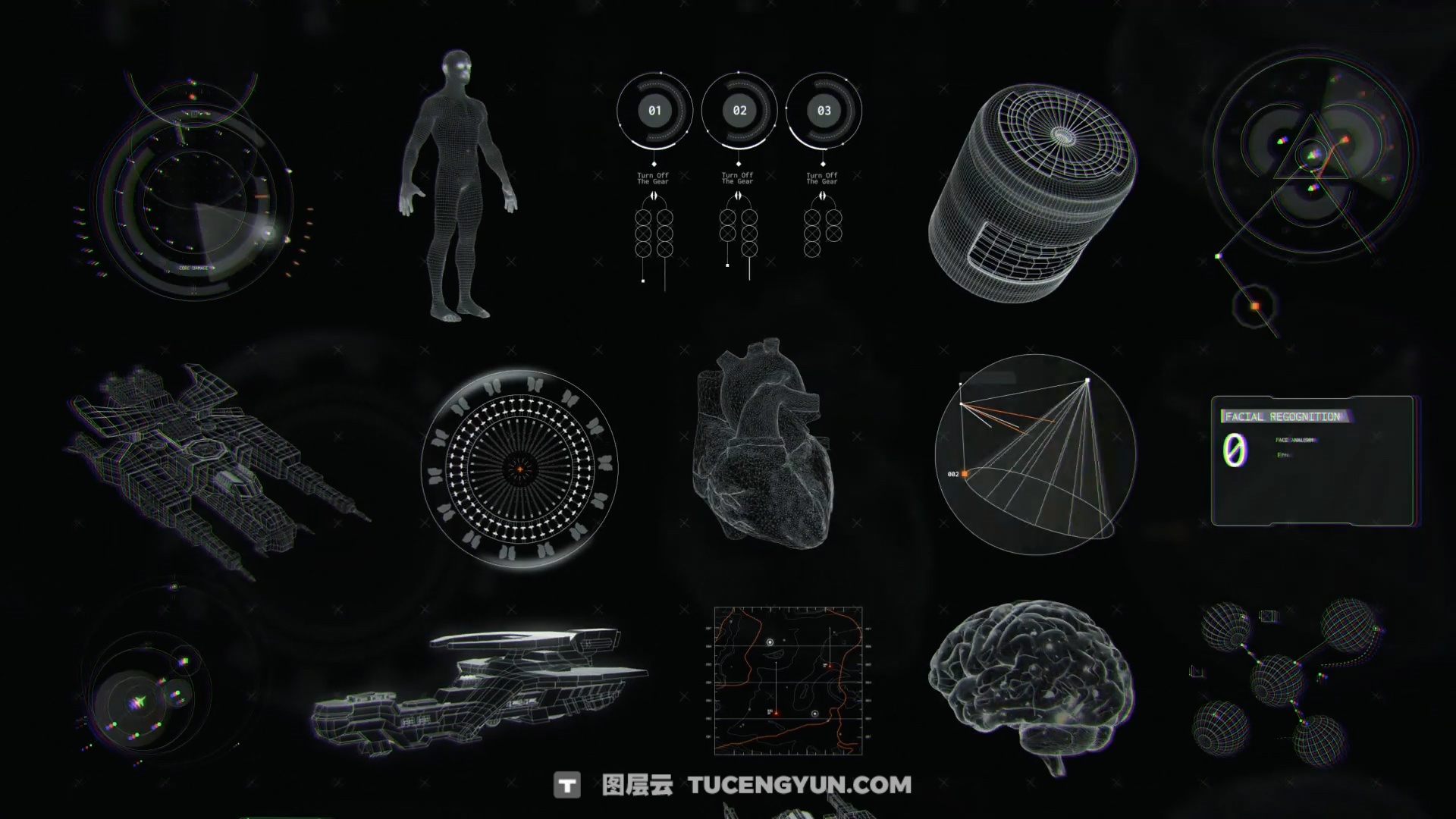 820款全息未来科幻美学沉浸式宇宙飞船HUD界面元素科技视频叠加4K背景动画AE/PR模板 Pixflow – Sci-fi Spaceship HUD Interface（13310）图层云