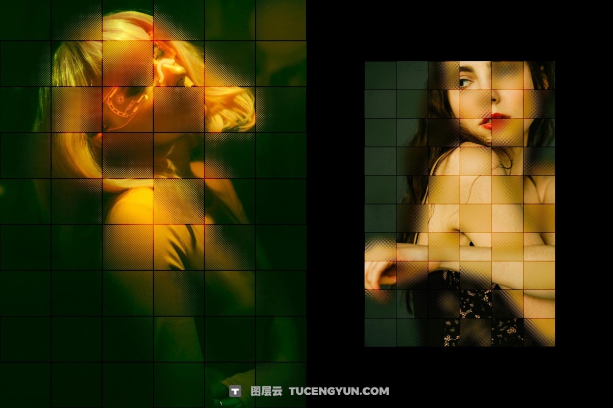 创意风格渐变弥散光网格像素方块效果PSD特效样机 Square Glass Tile Photo Effect（13313）图层云