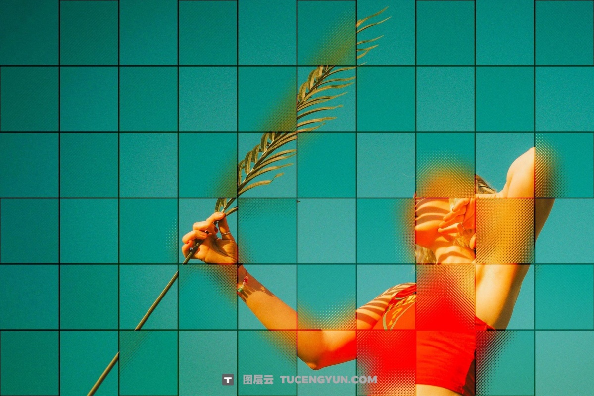 创意风格渐变弥散光网格像素方块效果PSD特效样机 Square Glass Tile Photo Effect（13313）图层云