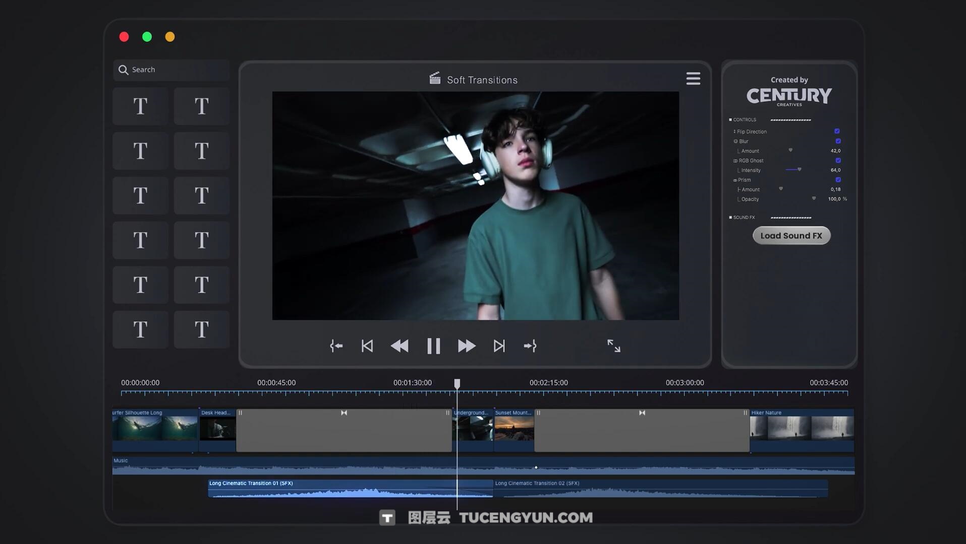 FCPX插件：26款经典电影短片剪辑淡入淡出画面平滑擦除转场过渡+音效 Soft Transitions（13316）图层云