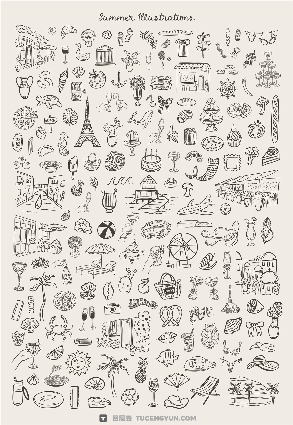 300个夏季婚礼文创海滩派对手绘趣味AI矢量插画插图PNG图片设计套装 Whimsical Summer Bundle（13322）图层云