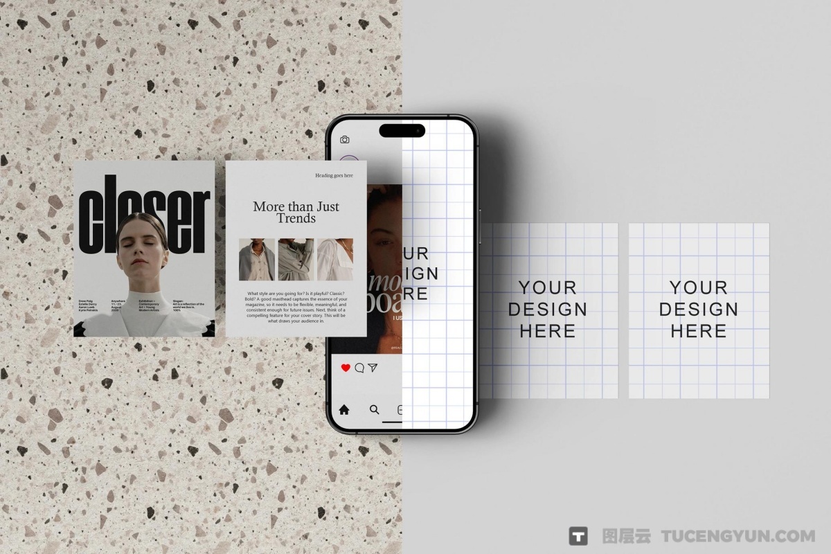 13款极简多角度iPhone 手机屏幕品牌产品浮动展示PSD效果多层场景样机组合 iPhone Screen & Instagram Post Mockups（13326）图层云