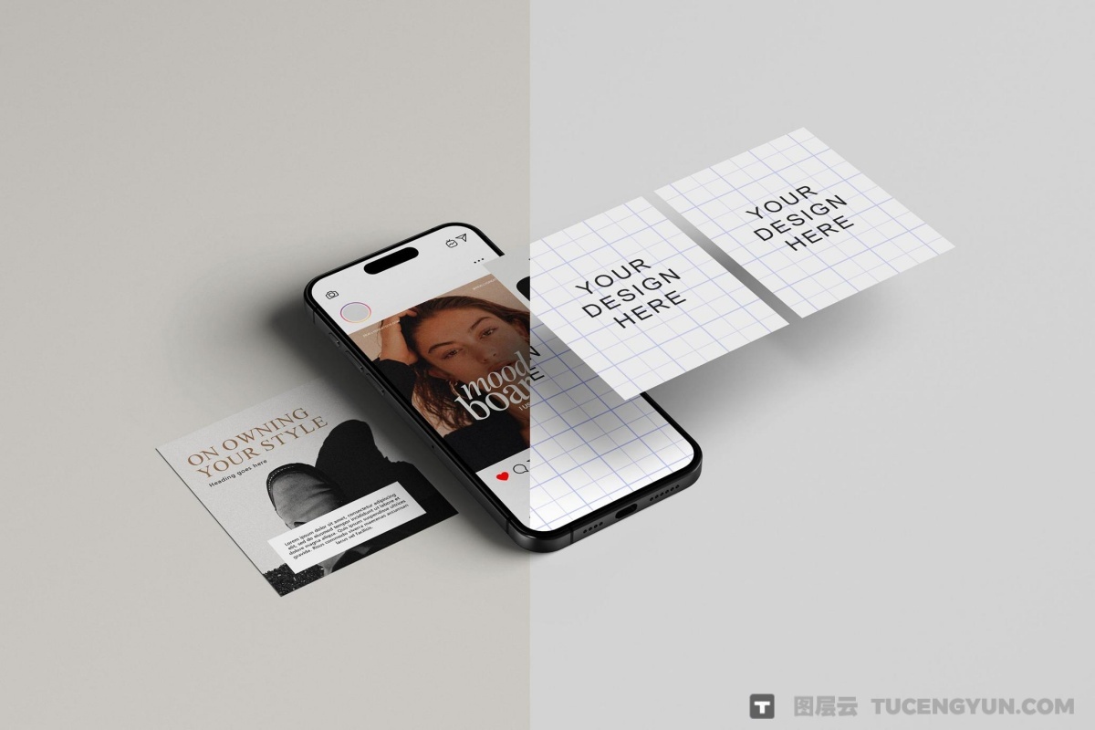 13款极简多角度iPhone 手机屏幕品牌产品浮动展示PSD效果多层场景样机组合 iPhone Screen & Instagram Post Mockups（13326）图层云